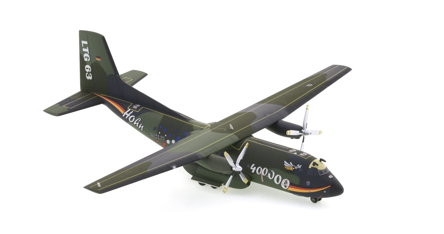Front starboard side view of the Transall C-160D 1/200 scale diecast model tactical number 50+72 in the commemorative 