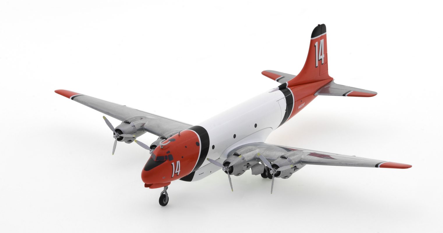 Front port side view of the Douglas C-54E Skymaster (DC-4) 1/200 scale diecast model registration N62297, Fire Tanker #14 in Aero Union's livery, circa the early 2000s - Herpa HE570954