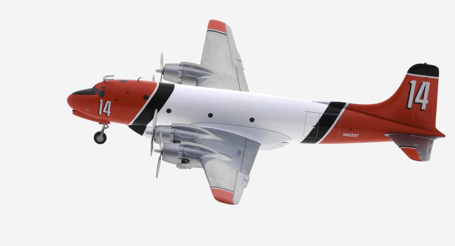 Port side image of Herpa HE570954 - 1/200 scale diecast model Douglas C-54E Skymaster (DC-4) registration N62297, Fire Tanker #14 in Aero Union's livery, circa the early 2000s