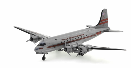 Front port side view of the Douglas DC-4 (C-47E) 1/200 scale diecast model registration N45346, named "The Acropolis" in TWA's livery, circa the early 1950s - Herpa Wings HE571074