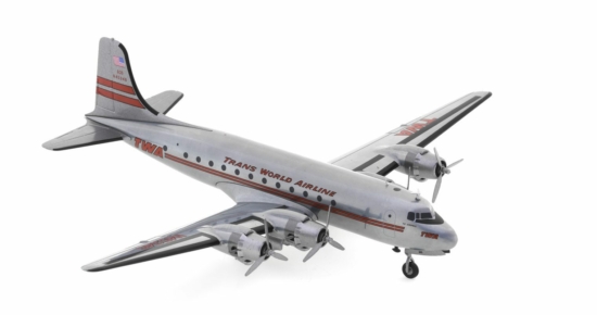 Front starboard side view of the Douglas DC-4 (C-47E) 1/200 scale diecast model registration N45346, named "The Acropolis" in TWA's livery, circa the early 1950s - Herpa Wings HE571074
