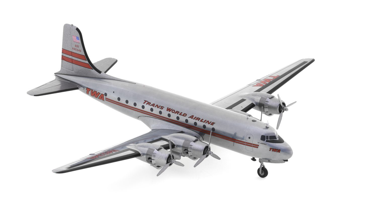 Front starboard side view of the Douglas DC-4 (C-47E) 1/200 scale diecast model registration N45346, named 