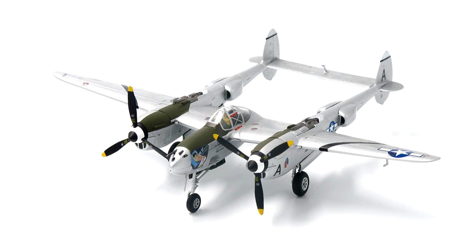 Front port side view of the Lockheed P-38L Lightning 1/72 scale diecast model, s/n 44-26176 