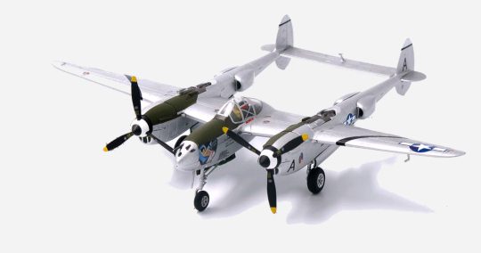 Front port side view of JC Wings JCW-72-P38-001 - Lockheed P-38L Lightning 1/72 Scale diecast model, s/n 44-26176 "Vagrant Virgin", 36th FS "Flying Fiend", 8th FG, USAAF, Philipines, 1945