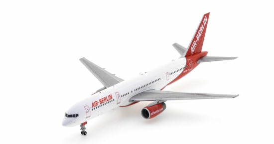 Front port side view of the Boeing 757-200 1/200 scale diecast model registration HB-IHR, in Air Berlin's livery - JC Wings LH2BER200 (XX2200)