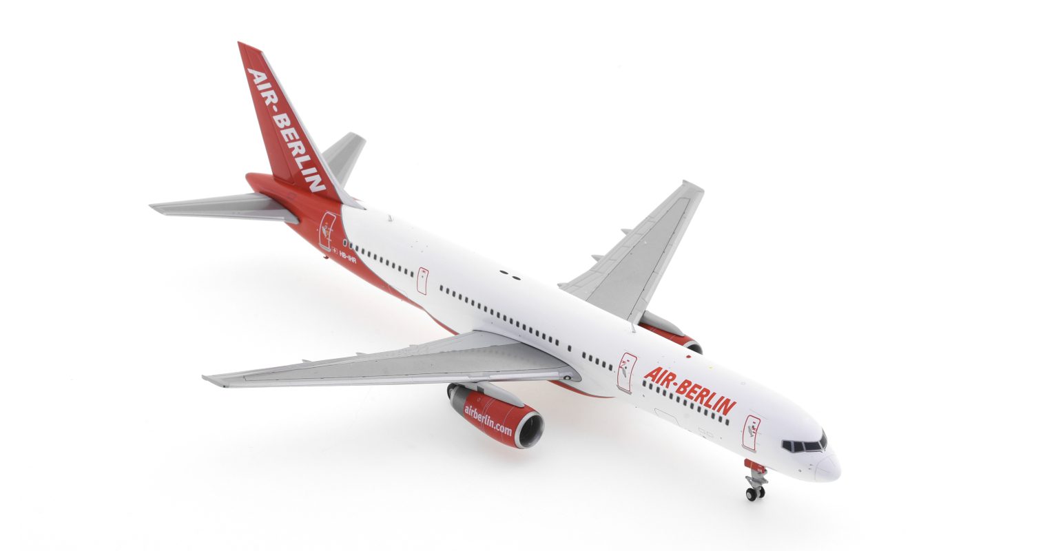 Front starboard view of the Boeing 757-200 1/200 scale diecast model registration HB-IHR, in Air Berlin's livery - JC Wings LH2BER200 (XX2200)