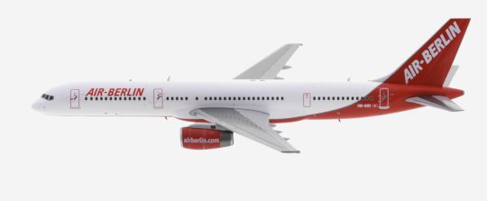 Port side view of JC Wings LH2BER200 (XX2200) - 1/200 scale diecast model of the Boeing 757-200 registration HB-IHR, in Air Berlin's livery,