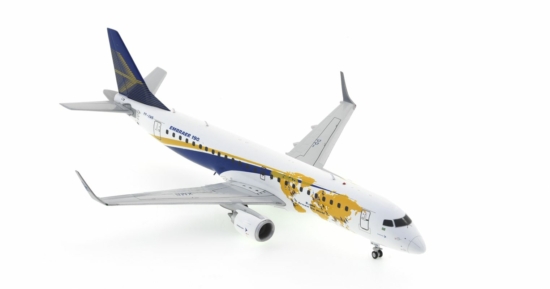 Fromt starboard view of the Embraer E190 1/200 scale diecast model registration PP-XMB, in Embraer's "E-Jets Around the World" house colours - JC Wings LH2EMB221 (XX2376)