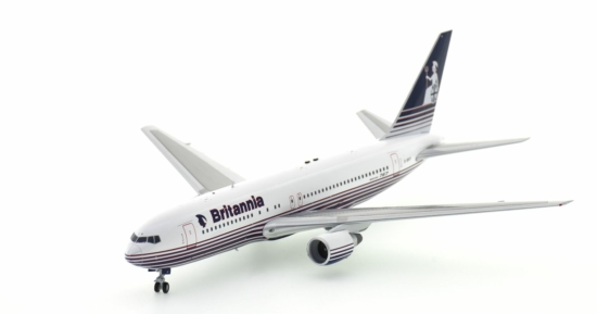 Front port side view of the Boeing 767-200ER 1/200 scale diecast model, registration G-BRIF in the livery of Britannia Airways. - ARD762BT01