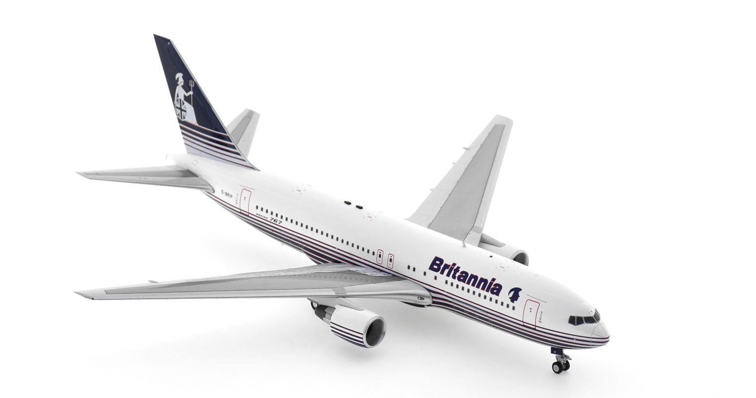 Front starboard side view of the Boeing 767-200ER 1/200 scale diecast model, registration G-BRIF in the livery of Britannia Airways. - ARD762BT01
