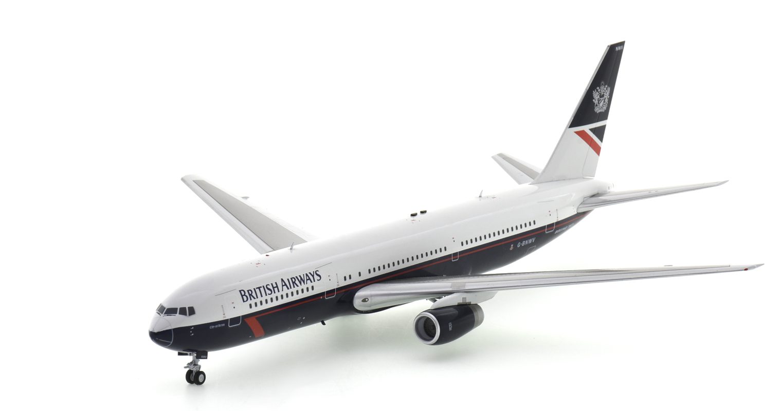 Front port side view of the Boeing 767-300ER  1/200 scale diecast model registration G-BNWV in British Airway's livery, circa the late 1990s - ARDBA11 