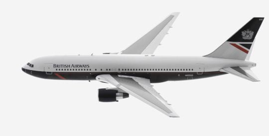 Top viewc of ARDBA12 - 1/200 scale diecast model Boeing 767-300ER registration N655US in British Airway's livery, circa the early 1990s.
