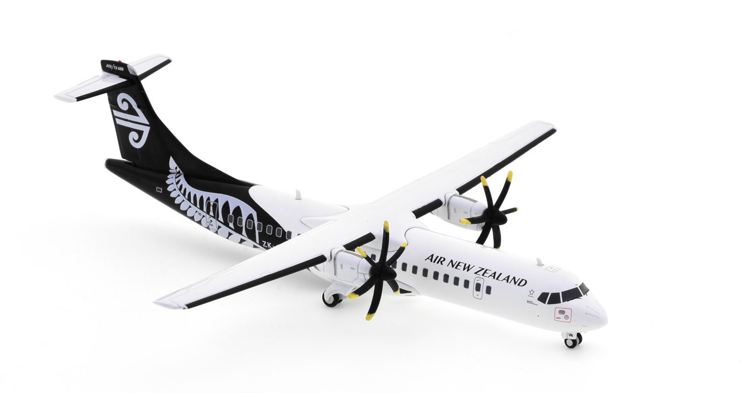 Front starboard side view of the ATR 72-600 1/200 scale diecast model registration ZK-MVN, in the 