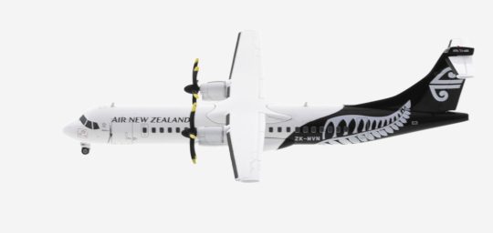 Top view of Herpa Wings HE571111 - 1/200 scale diecast model ATR 72-600, registration ZK-MVN, in the "Silver Fern" livery of Air New Zealand Link.