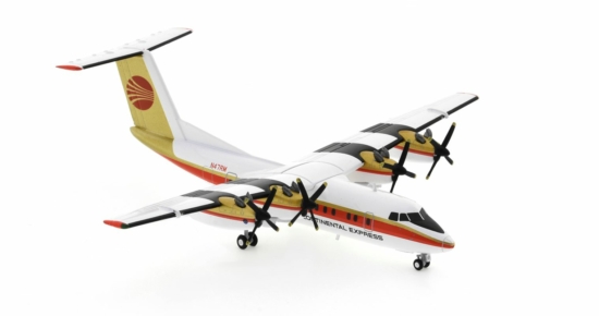 Front starboard side view of the de Havilland Canada DHC-7-102 1/200 scale diecast model, registration N47RM operated by Rocky Mountain Airline in Continental Express's livery, circa the late 1980s - Herpa HE571180