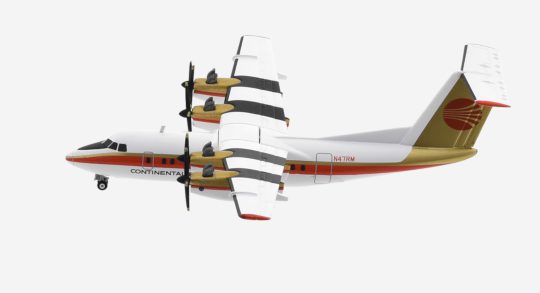 Top view of Herpa HE571180 - 1/200 scale diecast model de Havilland Canada Dash 7-102  (DHC-7-102), registration N47RM operated by Rocky Mountain Airline in Continental Express's livery, circa the late 1980s.