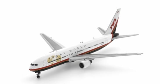 Front port side of the Boeing B767-300ER 1/200 scale diecast model registration N634TW in Trans World Airway's (TWA) livery, circa 2000 - Inflight200 IF763TW1120