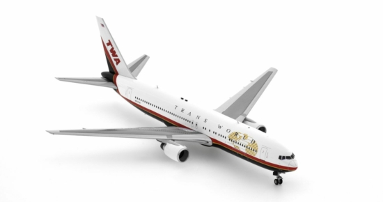 Front starboard side view of the Boeing B767-300ER 1/200 scale diecast model registration N634TW in Trans World Airway's (TWA) livery, circa 2000 - Inflight200 IF763TW1120Boeing B767-300ER 1/200 scale diecast model registration N634TW in Trans World Airway's (TWA) livery, circa 2000 - Inflight200 IF763TW1120