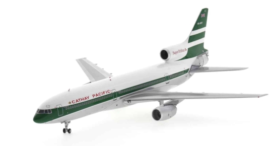 Front port side view of the  Lockheed L-1011-1 TriStar 1/200 scale diecast model of registration VR-HHY,in Cathay Pacific's "Super Tristar" livery, circa the early 1980s - WB Models WB-L1011-015