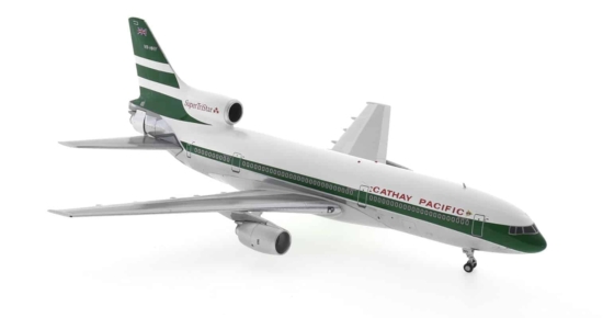 Front starboard side view of the  Lockheed L-1011-1 TriStar 1/200 scale diecast model of registration VR-HHY,in Cathay Pacific's "Super Tristar" livery, circa the early 1980s - WB Models WB-L1011-015