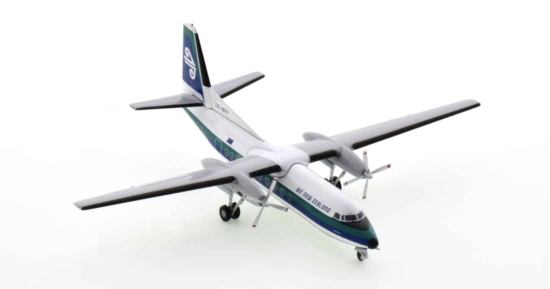 Front starboard side view of WM219847 - 1/200 scale diecast model of the Fokker F27-500F Friendship registration ZK-NFF in Air New Zealand's livery, circa the 1980s.