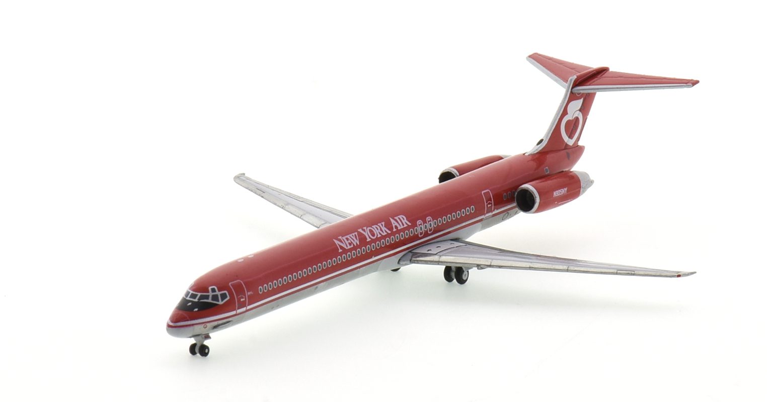 Front port side view of Gemini Jets GJNYA1967 - 1/400 scale diecast model of the McDonnell Douglas MD-82, registration N805NY in New York Air's livery the mid-1980s