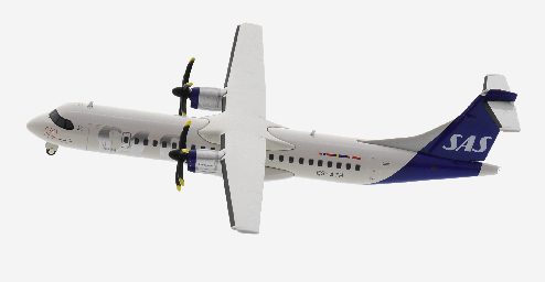 Top view of Herpa Wings HE571067 - 1/200 scale diecast model ATR 72-600, registration ES-ATH in Scandinavian Airline's livery.
