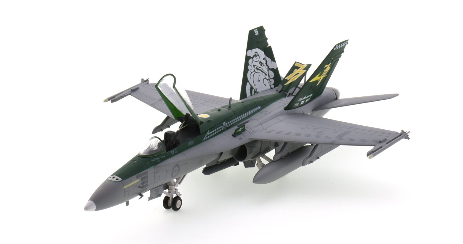 Front port side view of Herpa Wings HE580601 - 1/72 scale diecast model McDonnell Douglas F/A-18A Hornet, s/n A21-39, No.77 Sqn, RAAF, squadrons 77th Anniversary, 2019.