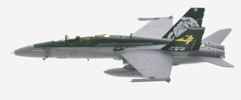 Port side view of Herpa Wings HE580601 - 1/72 scale diecast model McDonnell Douglas F/A-18A Hornet, s/n A21-39, No.77 Sqn, RAAF, squadrons 77th Anniversary, 2019.