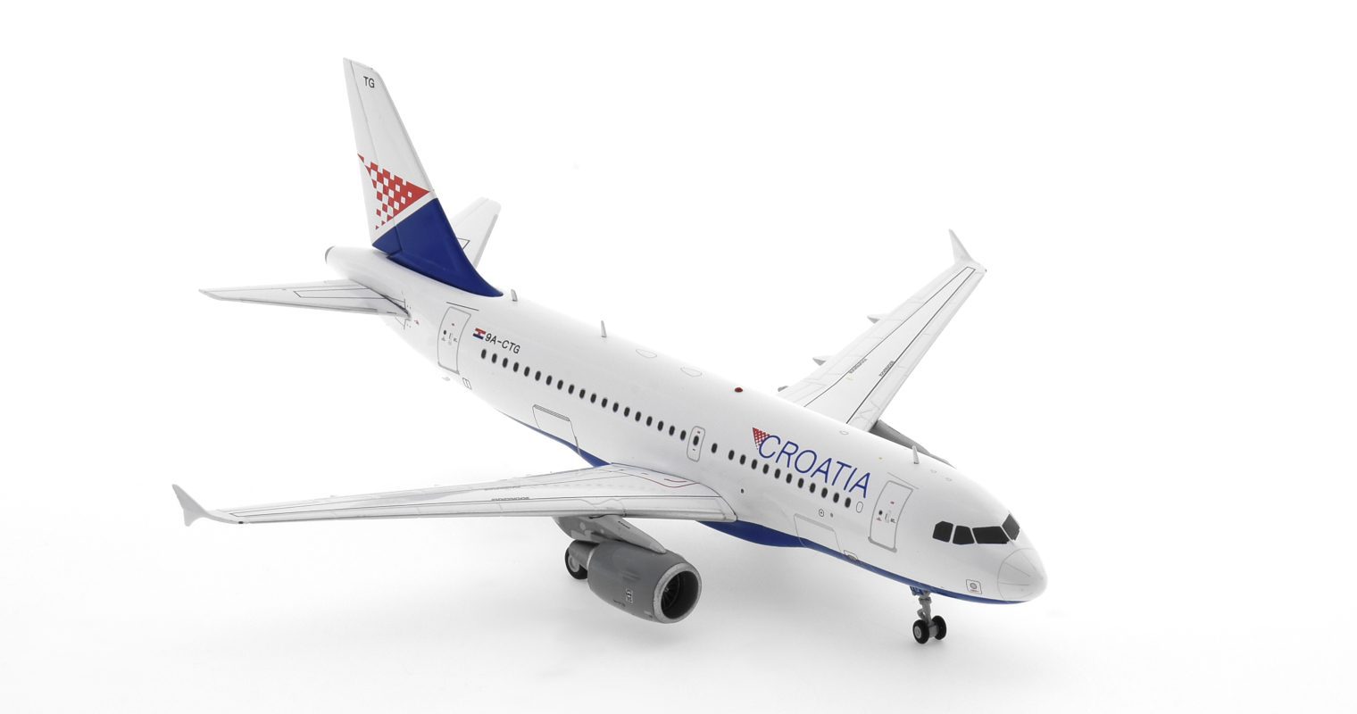 Front starboard side view of the Airbus A319-100 1/200 scale diecast model, registration 9A-CTG in Croatia Airline's livery - JC Wings JC2CTN145
