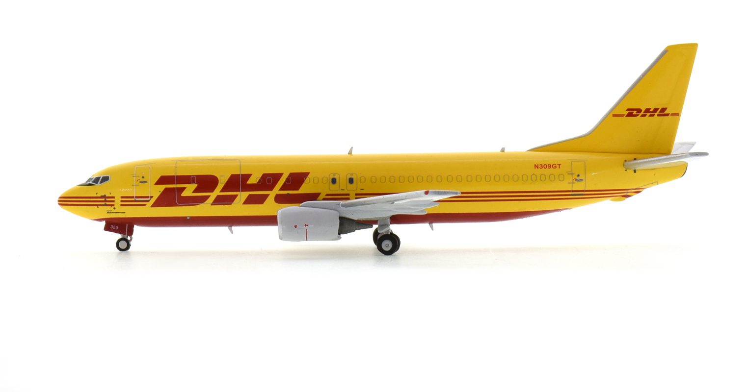 Port side view of Panda Models PM202031 - 1/400 scale diecast model of the Boeing 737-400 SF registration N309GT in DHL Aviation's livery, circa 2020.