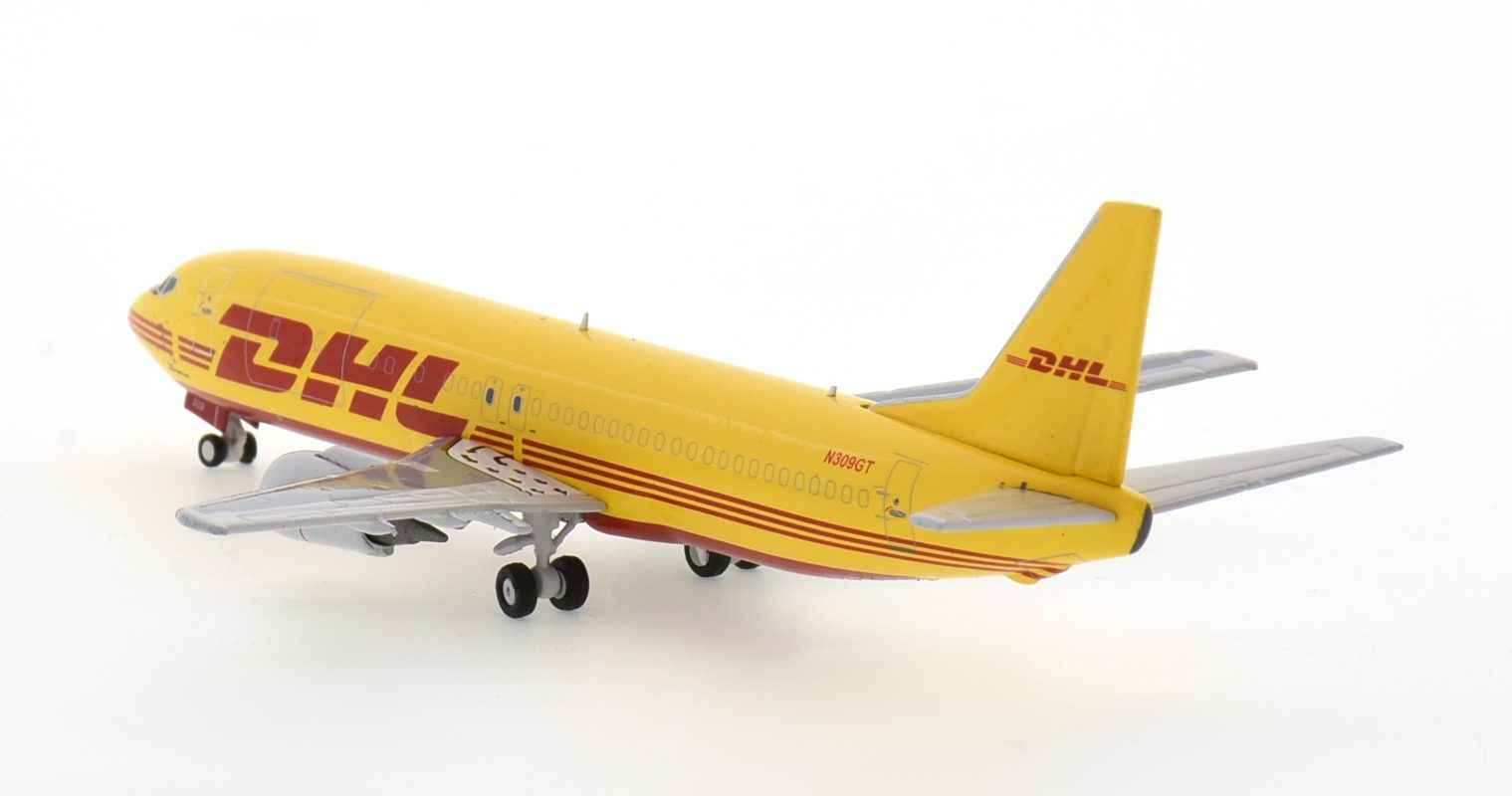 Rear view of Panda Models PM202031 - 1/400 scale diecast model of the Boeing 737-400 SF registration N309GT in DHL Aviation's livery, circa 2020.