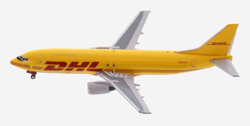 Top view of Panda Models PM202031 - 1/400 scale diecast model of the Boeing 737-400 SF registration N309GT in DHL Aviation's livery, circa 2020.
