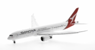 Front port side view of Gemini Jets G2QFA983F - 1/200 scale diecast model of the Boeing B787-9 Dreamliner with flaps down, registration VH-ZNK, named "Gangurru", Qantas's "Silver Roo" livery.
