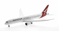 Front port side view of Gemini Jets G2QFA983F - 1/200 scale diecast model of the Boeing B787-9 Dreamliner with flaps down, registration VH-ZNK, named 