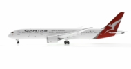 Port side view of Gemini Jets G2QFA983F - 1/200 scale diecast model of the Boeing B787-9 Dreamliner with flaps down, registration VH-ZNK, named "Gangurru", Qantas's "Silver Roo" livery.