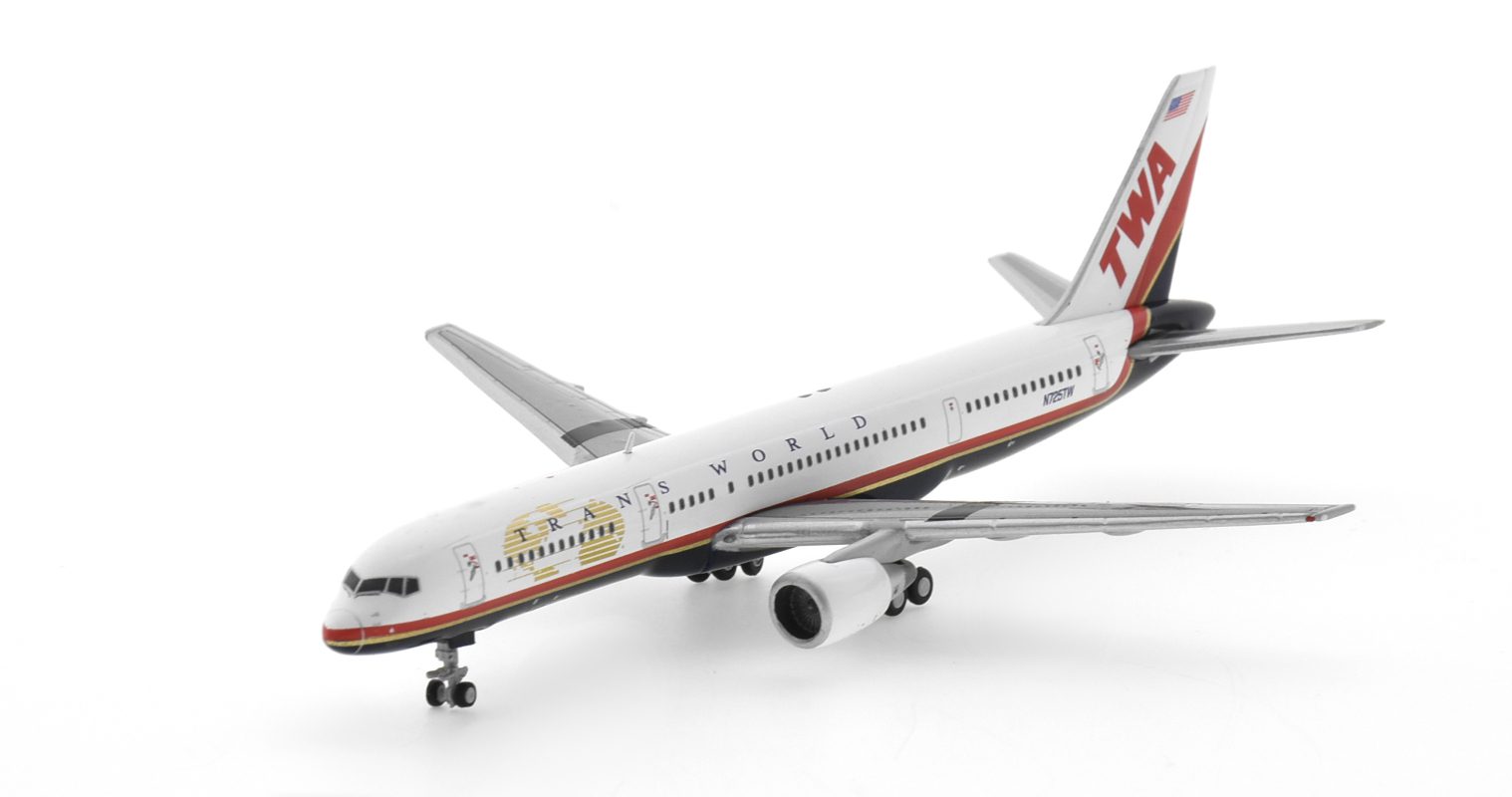 Front port side view of Gemini Jets GJTWA1982 - 1/200 scale diecast model of the Boeing 757-200 registration N725TW in TWA's final livery, circa 2000.