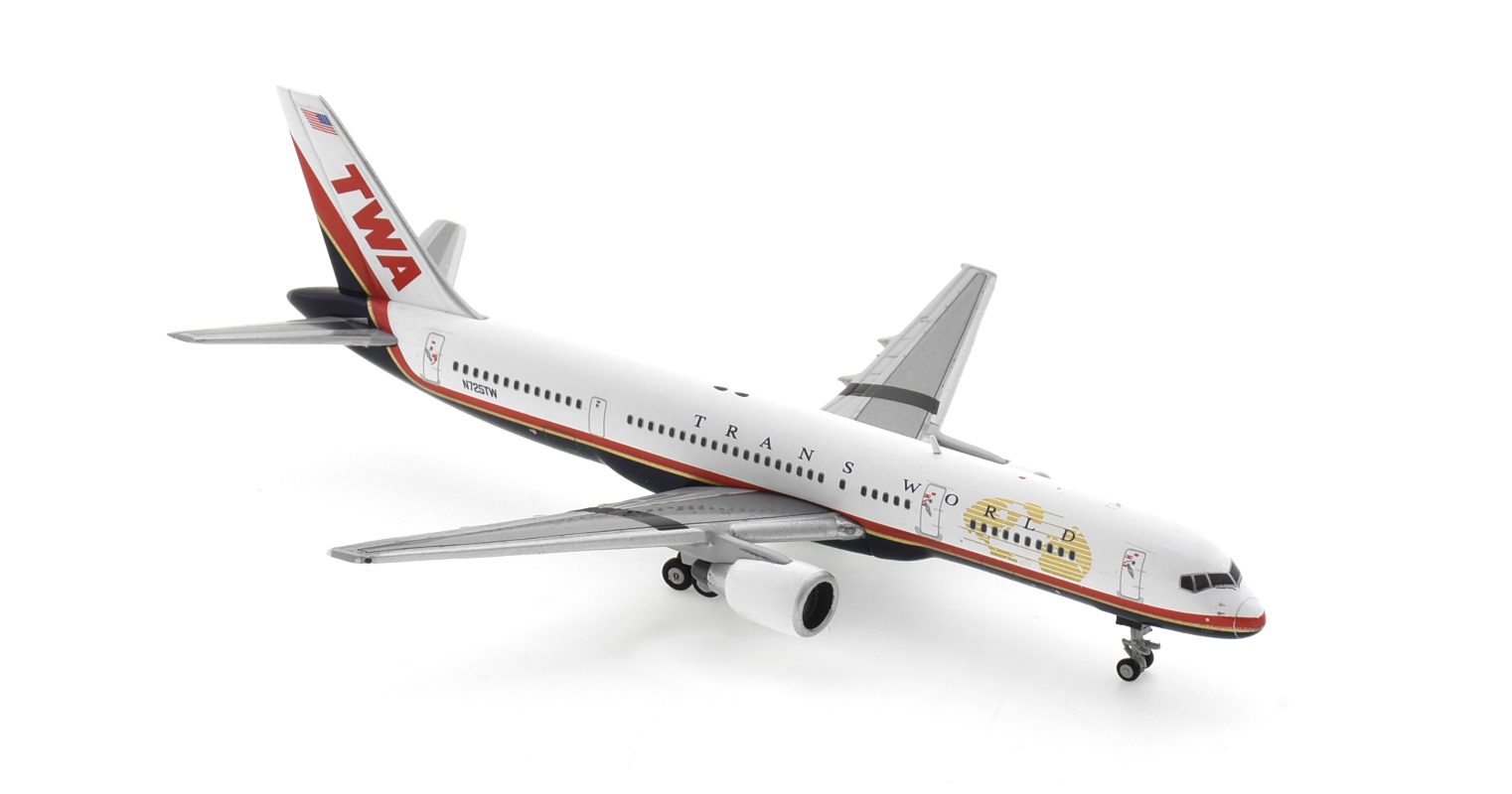 Front starboard side3 view of Gemini Jets GJTWA1982 - 1/200 scale diecast model of the Boeing 757-200 registration N725TW in TWA's final livery, circa 2000.