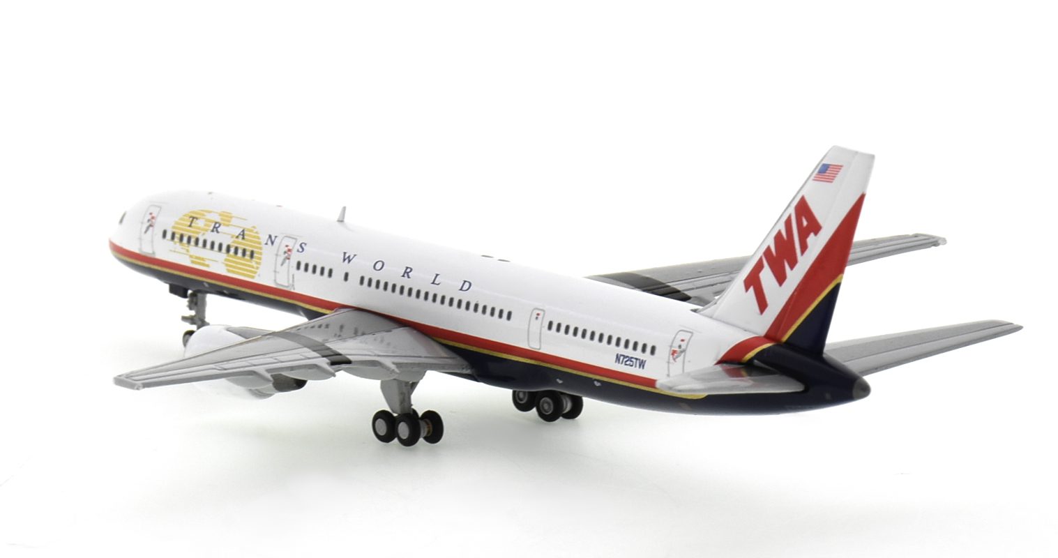 Rear view of Gemini Jets GJTWA1982 - 1/200 scale diecast model of the Boeing 757-200 registration N725TW in TWA's final livery, circa 2000.