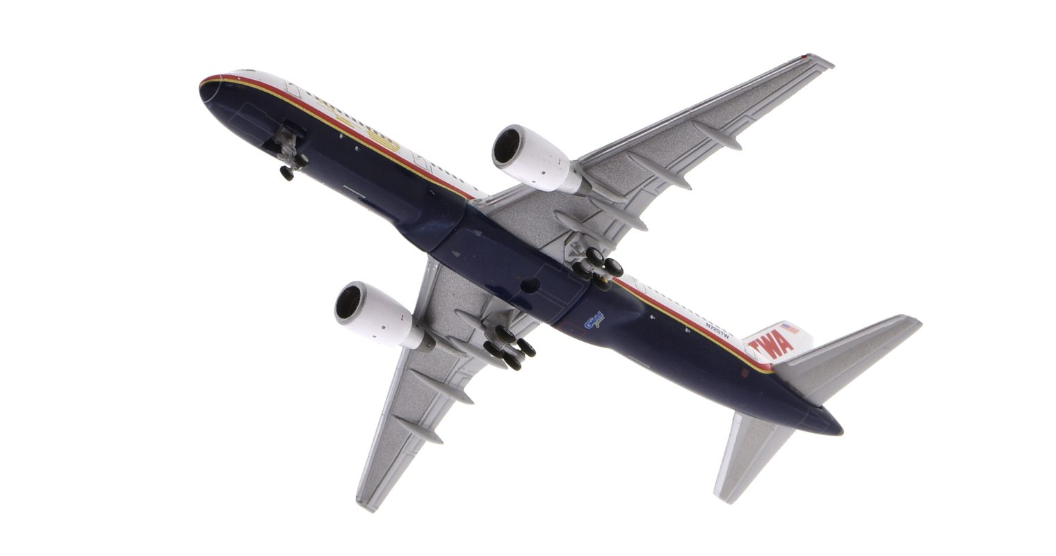 Underside view of Gemini Jets GJTWA1982 - 1/200 scale diecast model of the Boeing 757-200 registration N725TW in TWA's final livery, circa 2000.