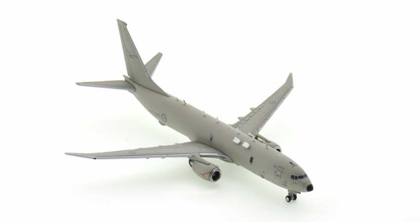 Front starboard side view of Gemini Jets GMRAA106 - Boeing P-8A Poseidon 1/400 scale diecast model, s/n A47-003, No.11 Squadron, RAAF.