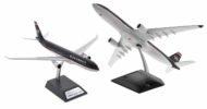 Image of model on display stand, of Inflight200 IF333US0719 - 1/200 scale diecast model of the Airbus A330-300, registration N678US in US Airway's livery.