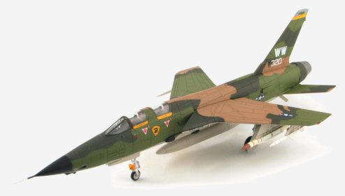 Front port side view of Hobby Master HA2551 - 1/72 scale diecast model Republic Aviation F-105F Thunderchief, s/n 63-8301, “Double MiG Killer”, Pilot Lt Col. Leo Thorsness 465 TFS, 507th TFW, USAF, April 17, 1967.