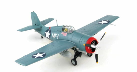 Front starboard side view of the Grumman F4F-3 1/48 scale diecast model of "MF-1", Major Robert Galer. CO VMF-224 "Fighting Bengals", USMC, Guadalcanal Island, 1942 - Hobby Master HA8905