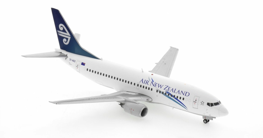 Front starboard side view of JC Wings JC2ANZ0075 / XX20075 - 1/200 scale diecast model of the Boeing 737-300 registration ZK-NGD in Air New Zealand's "Pacific Wave" livery Circa the early 2000s.