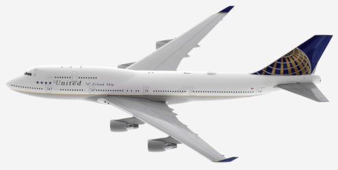 Top view of Port side view of JC Wings JC2UAL203 - Boeing 747-400 1/200 scale diecast model, registration N118UA, in United Airlines final B747 flight livery featuring the airline's iconic 
