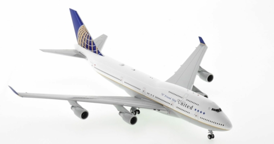 Front starboard side view of JC Wings JC2UAL203 - Boeing 747-400 1/200 scale diecast model, registration N118UA, in United Airlines final B747 flight livery featuring the airline's iconic "Friend Ship" title.