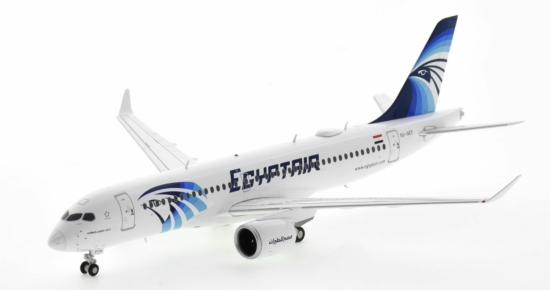 Front port side view of JC Wings LH2MSR232 / LH2232 -  Airbus A220-300 1/200 scale diecast model, registration SU-GEY in Egyptair livery.