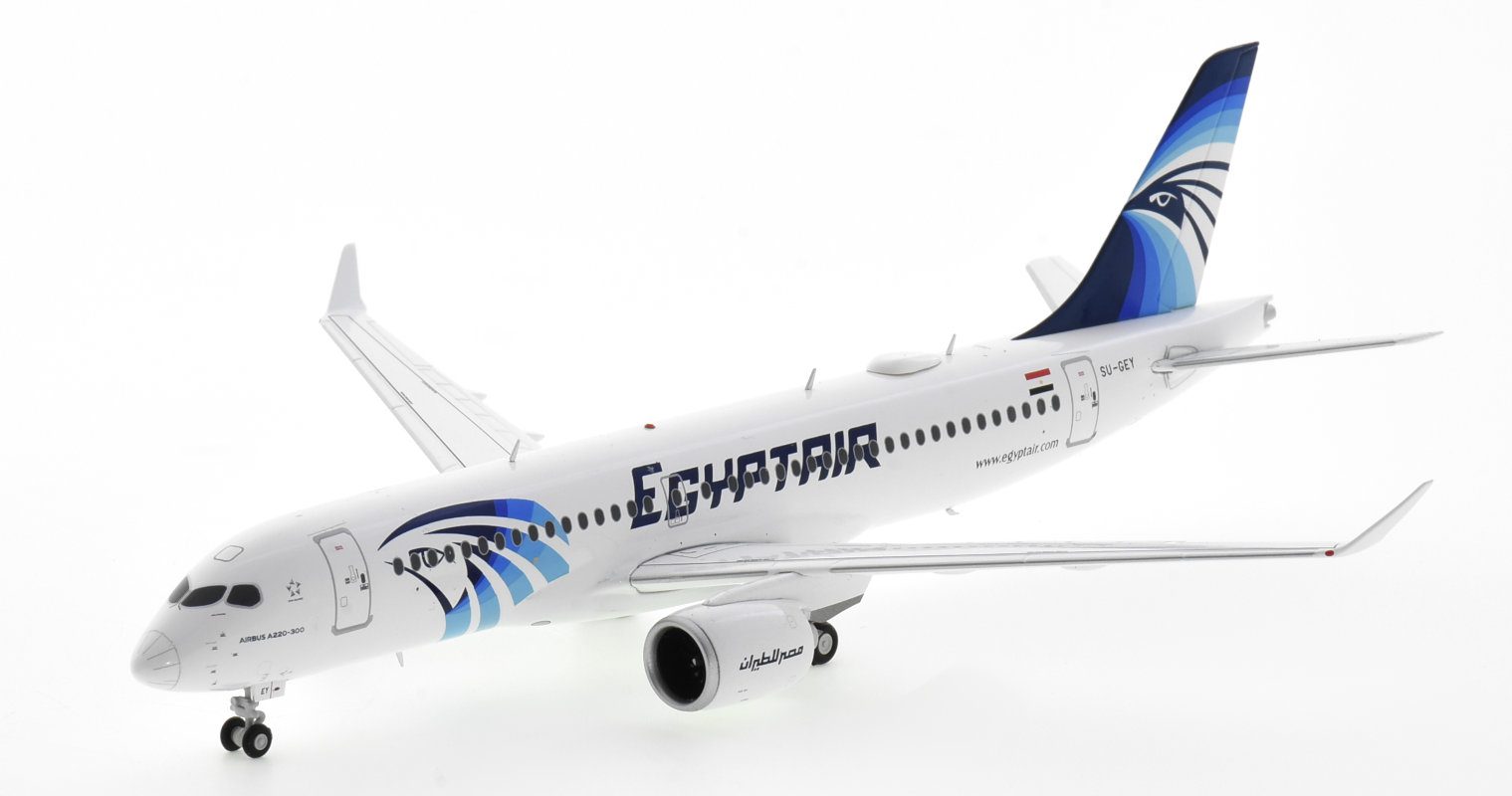 Front port side view of JC Wings LH2MSR232 -  Airbus A220-300 1/200 scale diecast model, registration SU-GEY in Egyptair's livery.