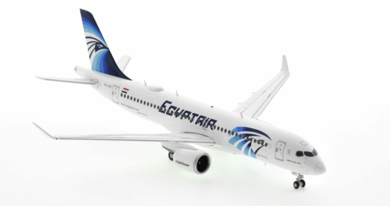 Front starboard view of JC Wings LH2MSR232 / LH2232 -  Airbus A220-300 1/200 scale diecast model, registration SU-GEY in Egyptair livery.